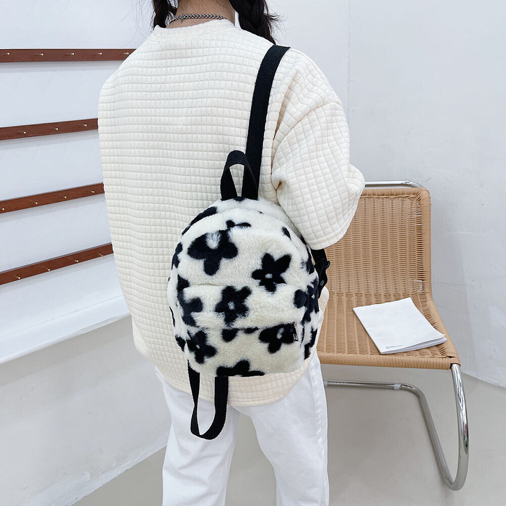Preppy Style Women Flowers Printing Plush Backpack Casual Small Knapsack