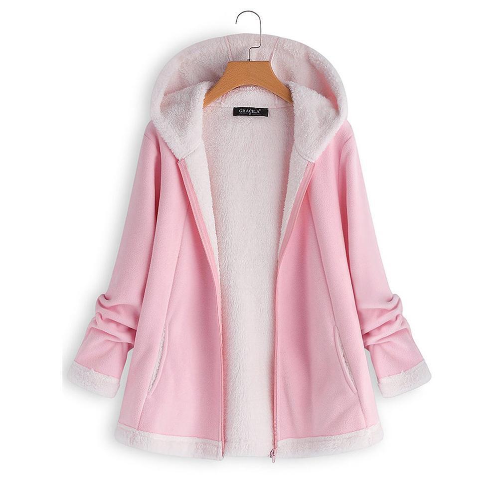 Women Plush Loose Coat Long-Sleeve Fleece Thicken Hooded Jacket (Pink L)