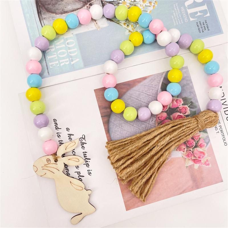 Easter Tassel Wood Bead Garland with Bunny Tag Beads String Pendant Hanging