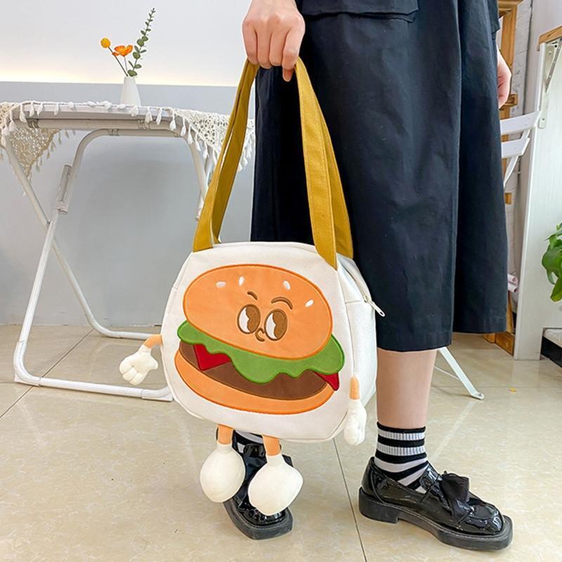 Canvas Shoulder Bag with Zipper Wear-Resistant Cute Cartoon Burger Design Bags