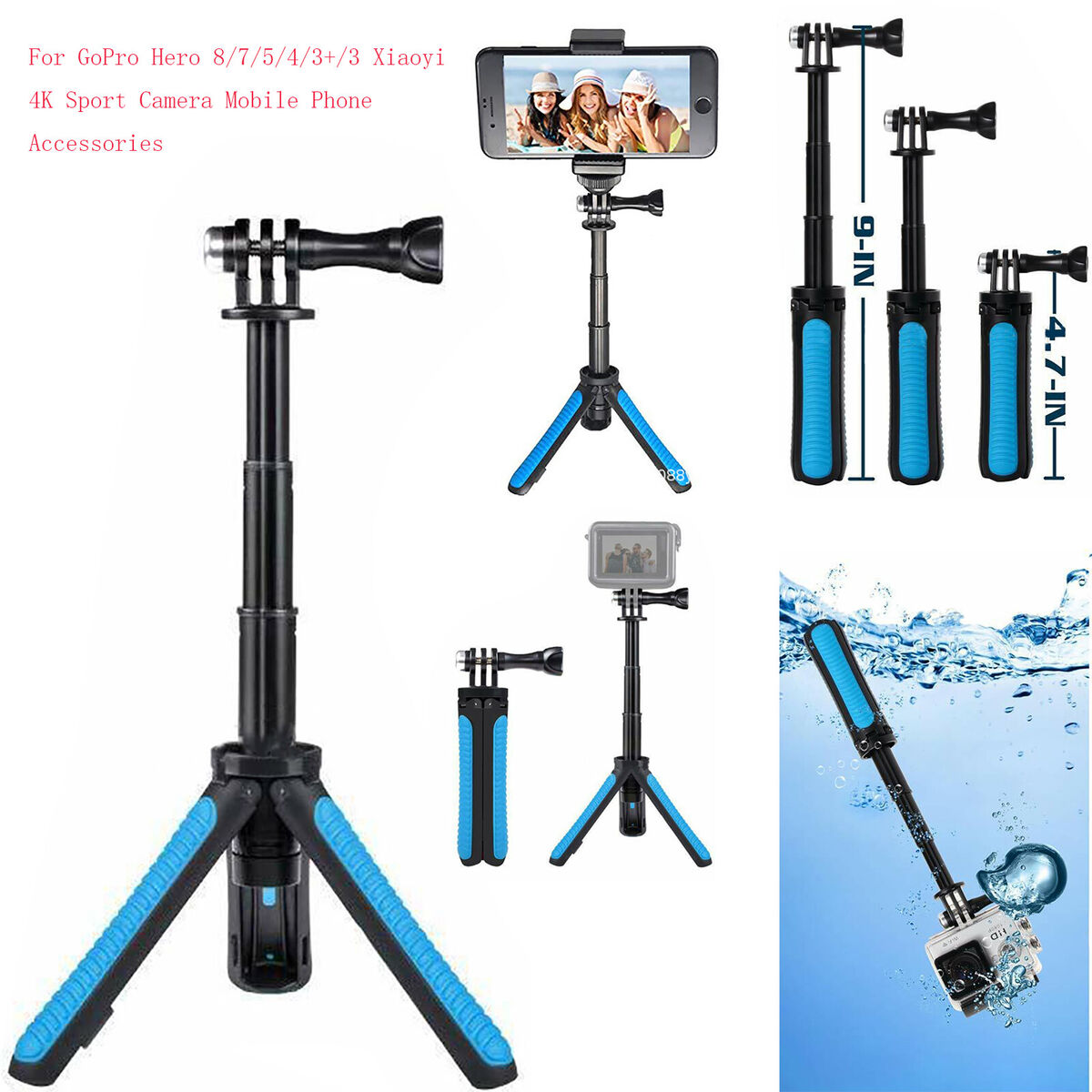 Mini Selfie Tripod Stick for GoPro Hero 8/7/5/4/3+/3 Xiaoyi 4K Camera Black+blue