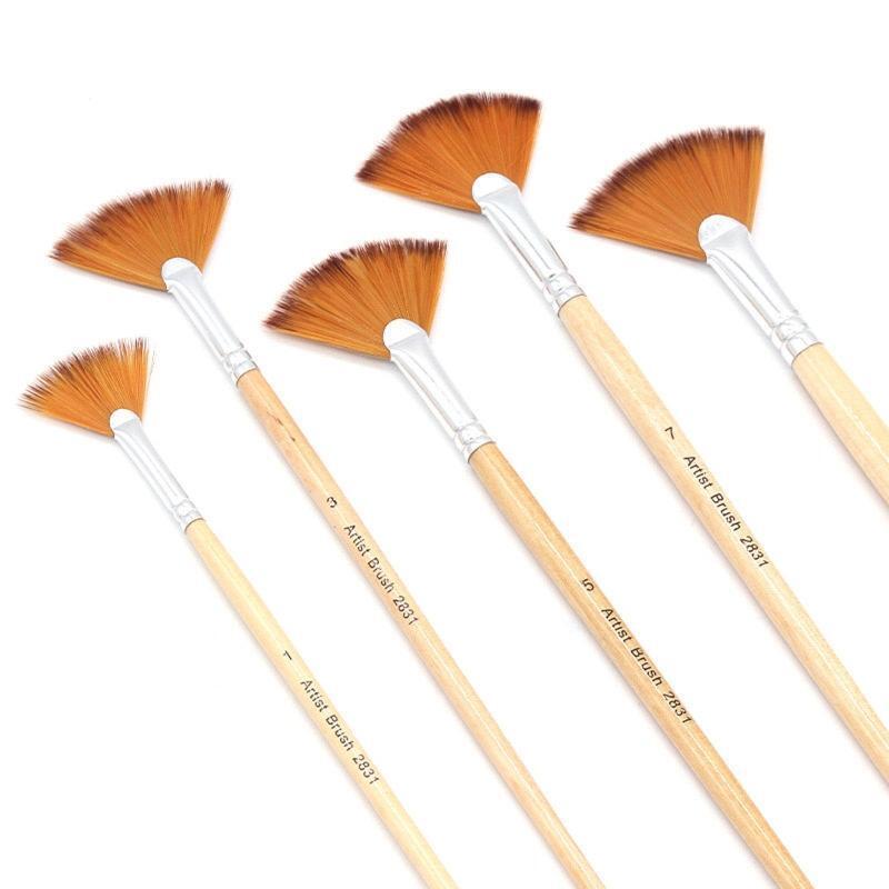 Artist Fan Paintbrushes Wood Rod Brush Painting Drawing Supplies for Child 5 Kit