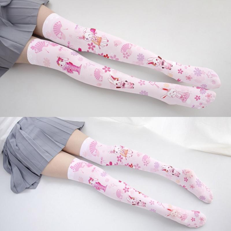 Lolita Cherry Blossom Rabbit Print Thigh High Stockings Anime Over Knee Socks