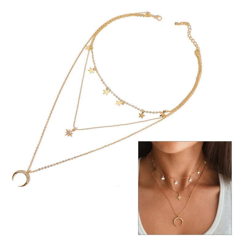 Eight Awn Star Necklace Three-layer Star Moon Bohemian Choker Chain Jewelry