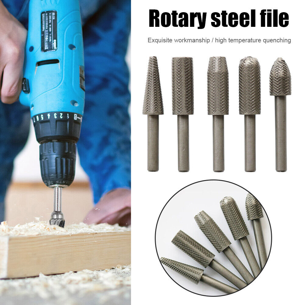 5pcs Woodworking Rotary Steel File Rasp Wood Drill Bits Kit Burrs 6mm Shank