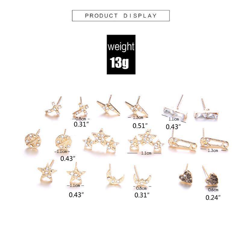 9Pcs Bohemian Cross Heart Stars Moon Squar Honeymoon Crystal Stud Earrings Kit