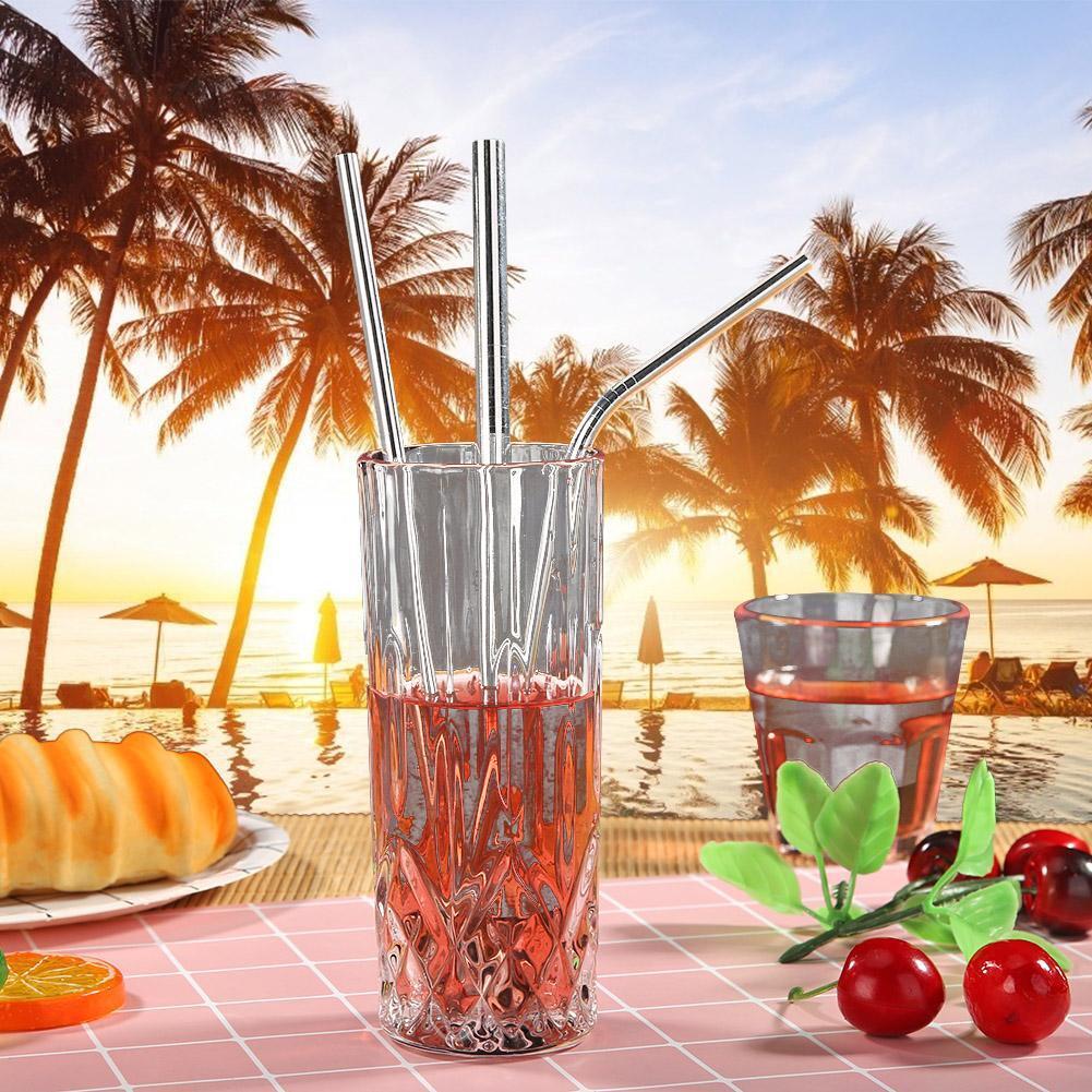 3/5pcs Reusable Metal Bent Straight Drink Straw Clean Brush Pouch Tool (A)