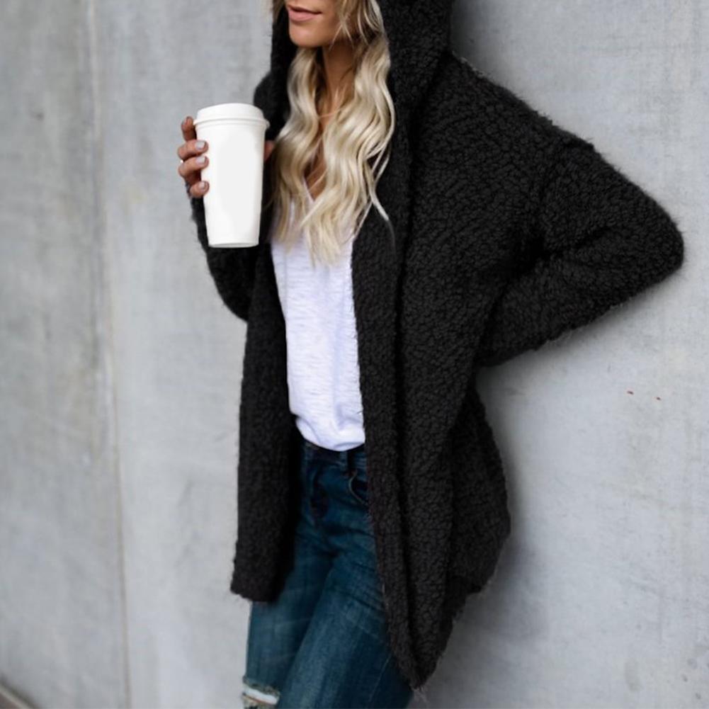 Loose Pure Hooded Coat Fur Fleece Women Thin Cardigan Outfit (Black M)