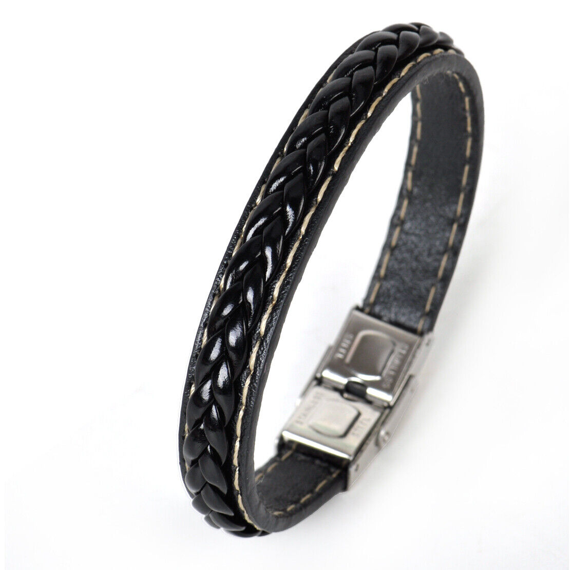 Men's Black Leather Wristband Braided Bracelet Stainless Steel Clasp Bangle Li