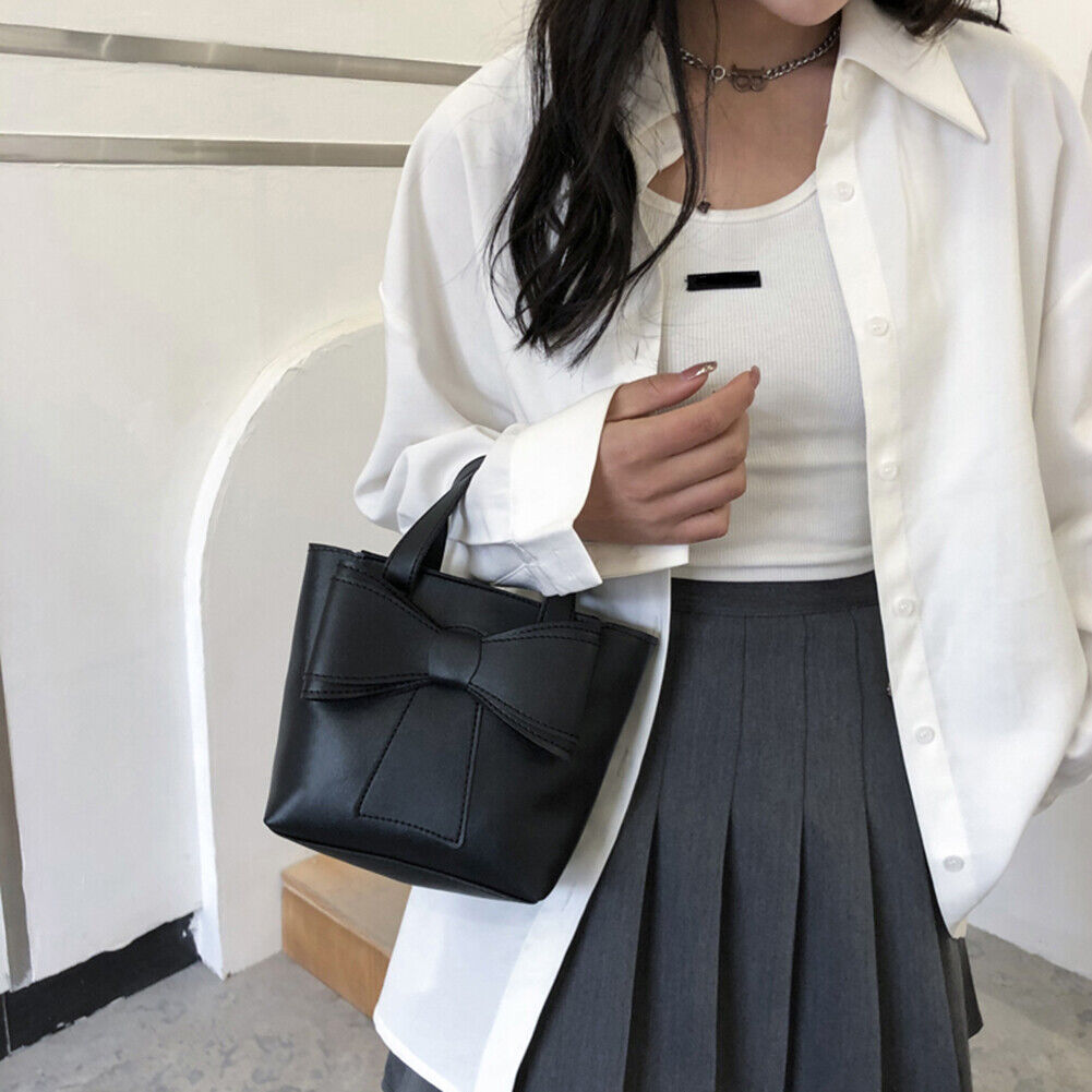 PU Leather Bowknot Bucket Shoulder Bag Women Leisure Large Handbag (Black)