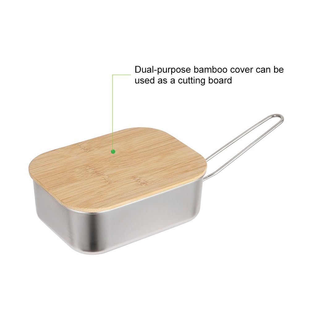 Portable Stainless Steel Lunch Box Wooden Cover Food Container Storage Box