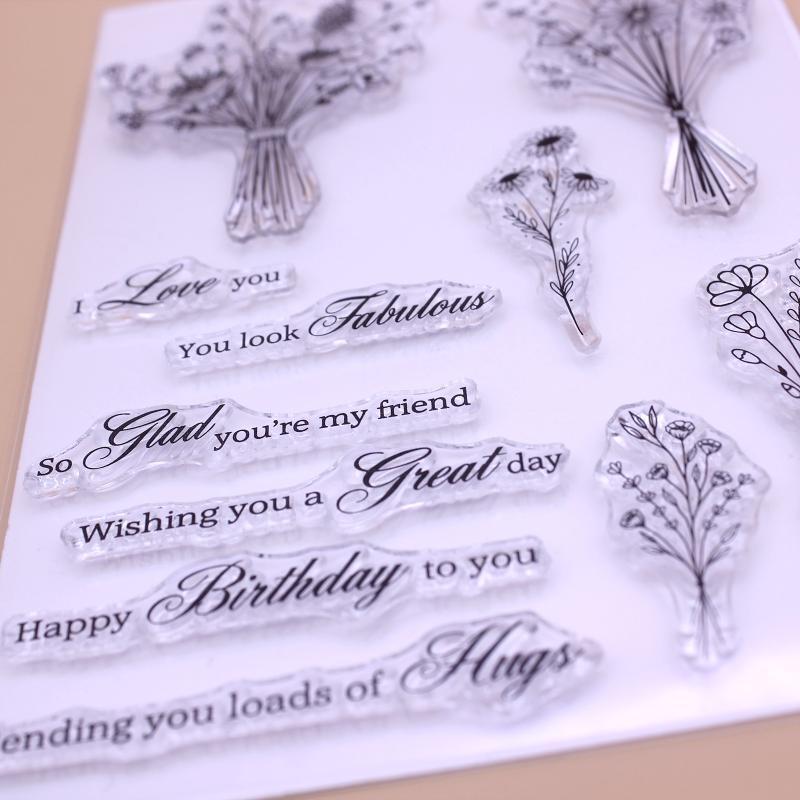 Flower Bouquets Blessing Words Clear Stamp Seal Handmade Crafts Embossing Decor