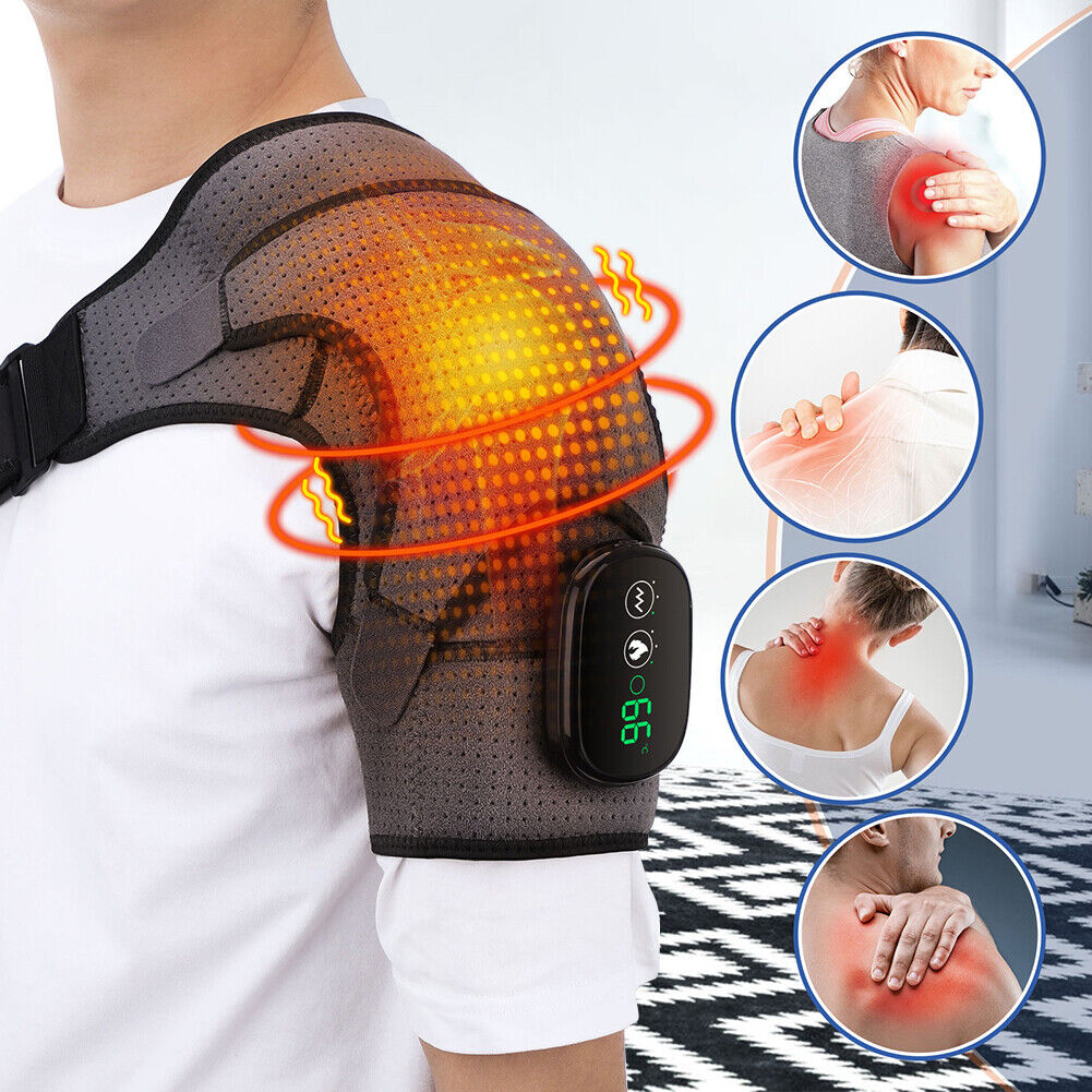 Heating Vibration Massage Shoulder Brace Therapy Support Belt (Grey Black)