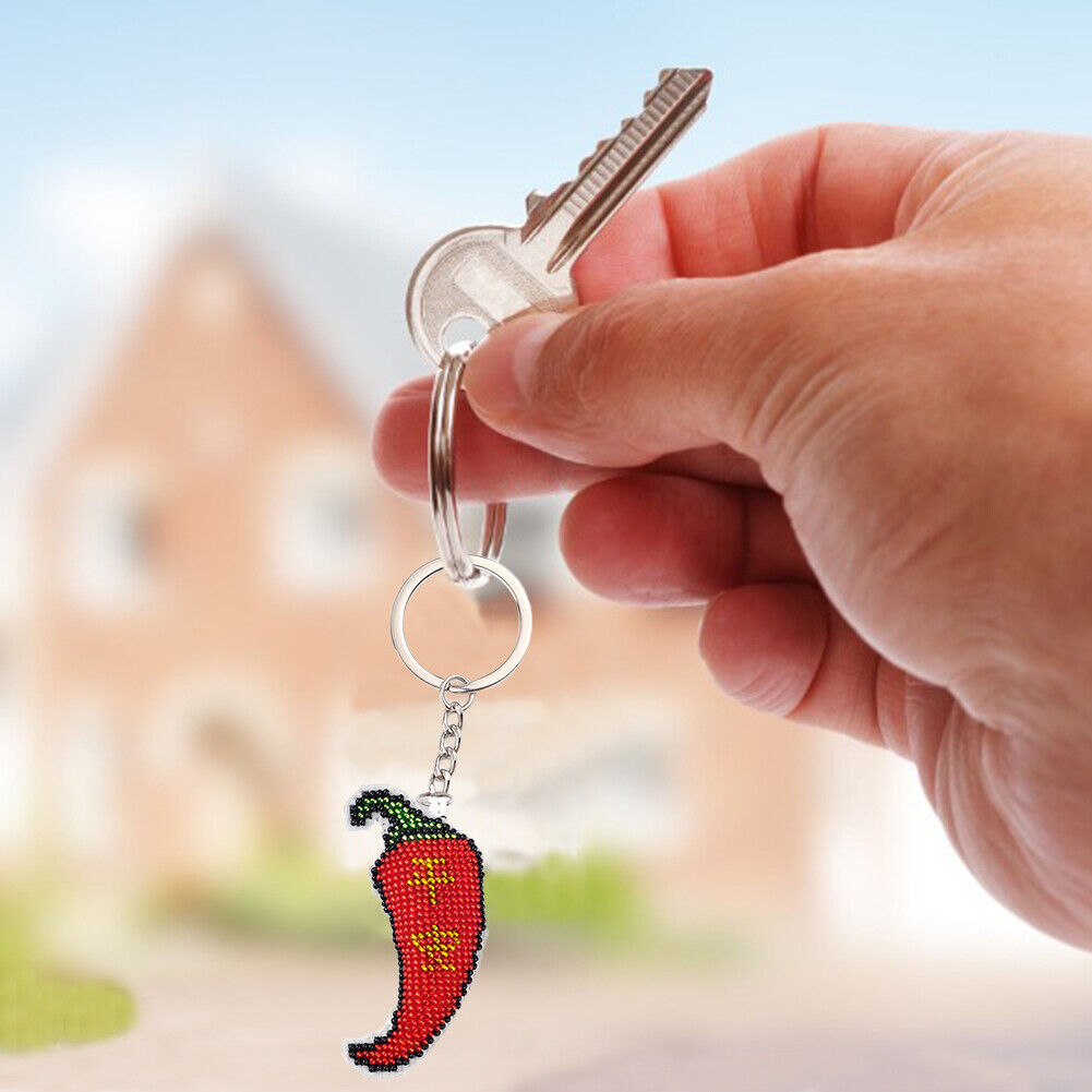 DIY Full Bead Cross Stitch Keychain Chili Printed Embroidery Keyring Gifts