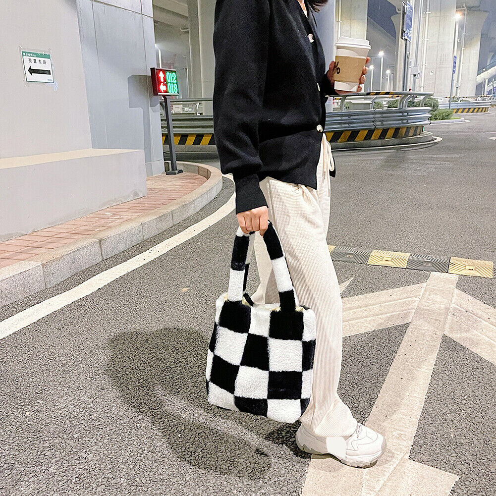 Fashion Checkered Print Shoulder Bag Autumn Winter Plush Hit Color Handbag