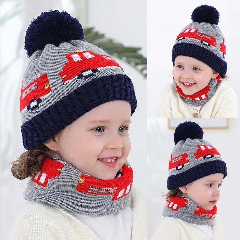 0-4Y Kid Winter Hat Scarf Set Pom Pom Cap Baby Knitted Hats Knitted Beanie