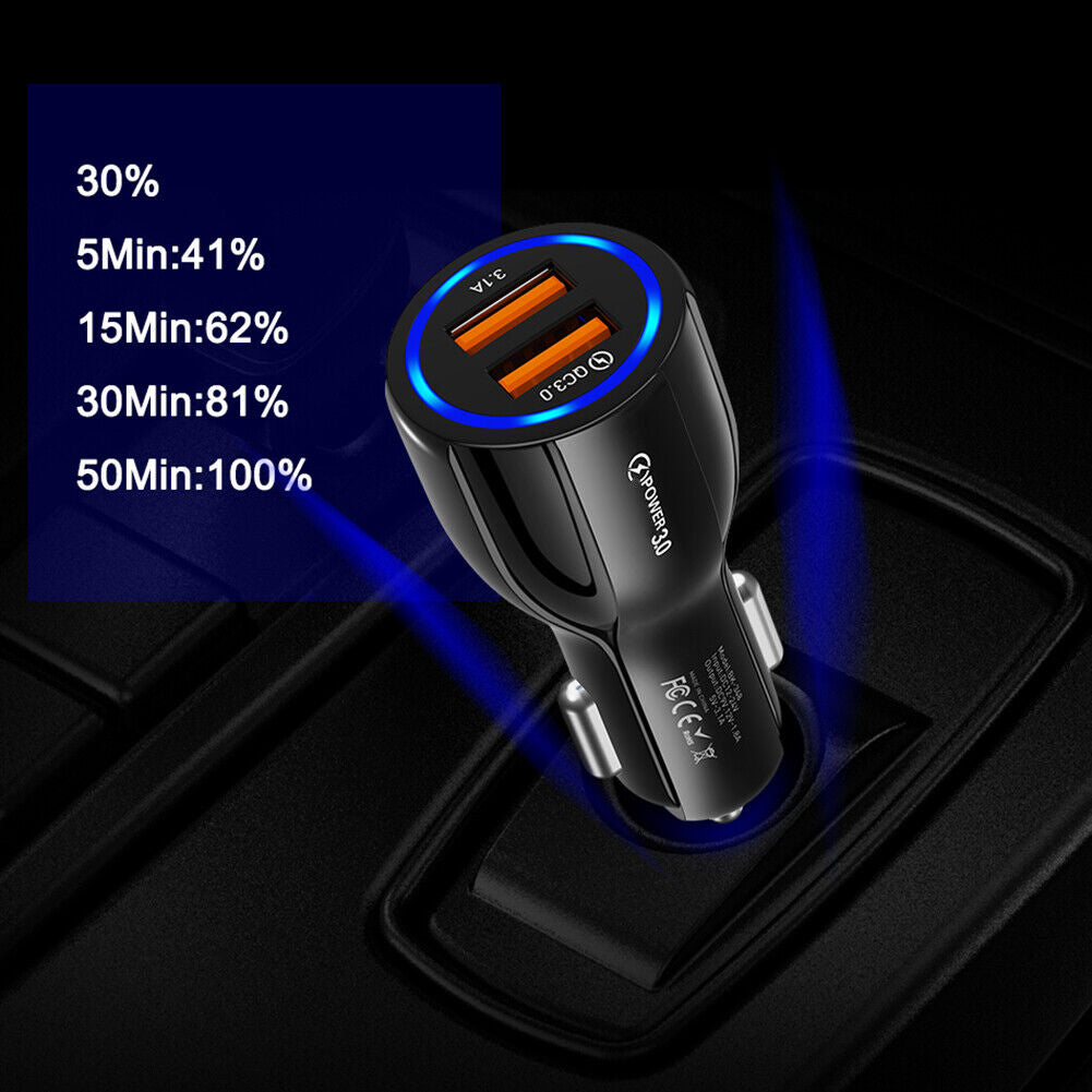 Phone Car Charger QC3.0 Dual USB Fast Charging Adapter for Mobile (Black)