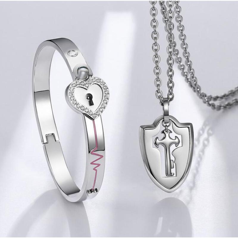 Couple Lovers Puzzle Titanium Steel Love Heart Lock Bangle Key Pendant Necklace