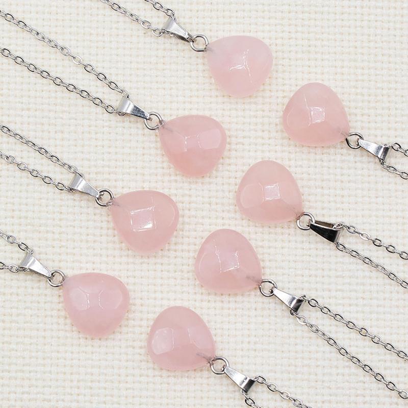 Natural Healing Crystal Love Heart Pendant Necklace Unique Pink Quartz Pendant