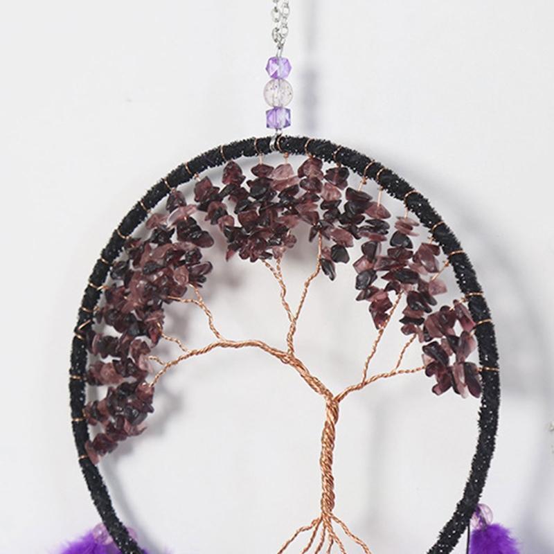 Woven Tree of Life Dream Catcher with Crystal Stones Feather Wall Hanging Decor