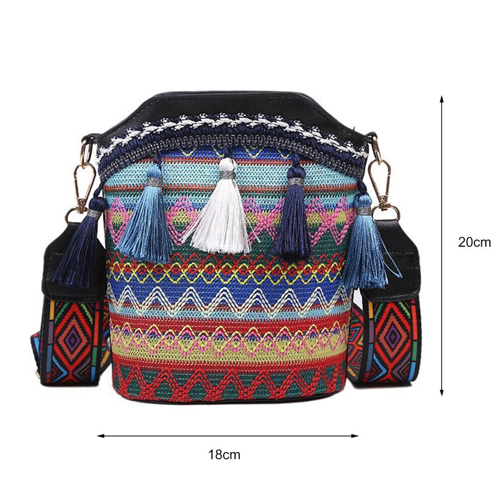 Ethnic Women Crossbody Bag Woven Tassels Small Bucket Handbags (Black)