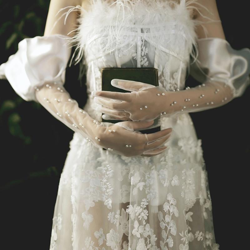 Bridal Tulle Gloves Elbow Length Lace Gloves Elegant Tea Party Wedding Gloves