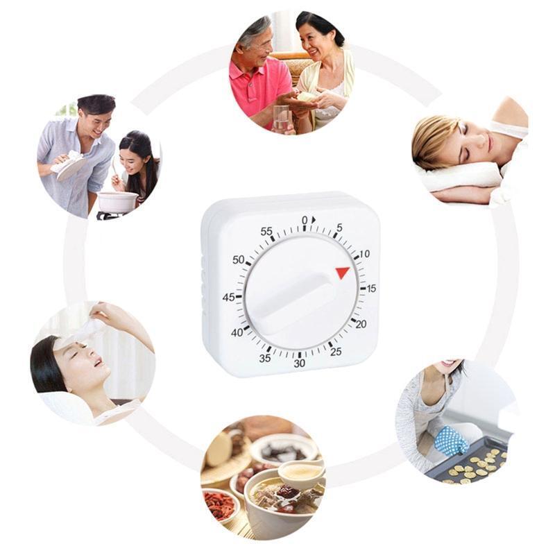 Square Timer Mechanical White with Black Markings 60 Minutes No Battery Required