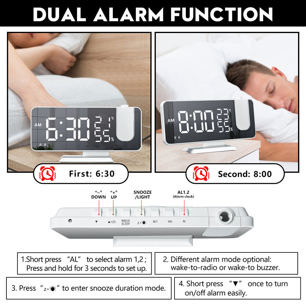 Digital FM Radio Projection Alarm Clock Smart LED Electric Desk Watch (C)