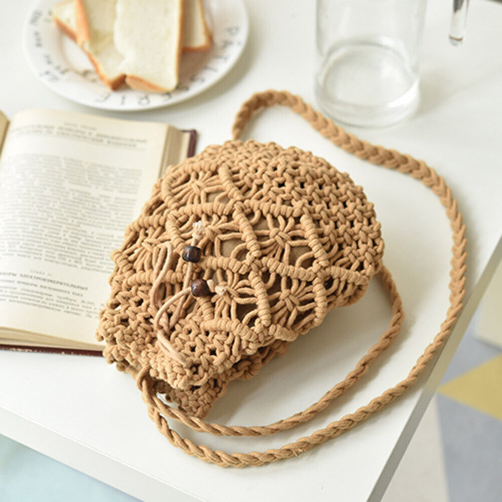 Women Fashion Summer Beach Weave Shoulder Crossbody Messenger Bucket Bag