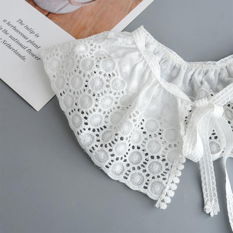 Women Spring Embroidery Threads Faux Collar Pleated Shawl Circle Flower Capelet