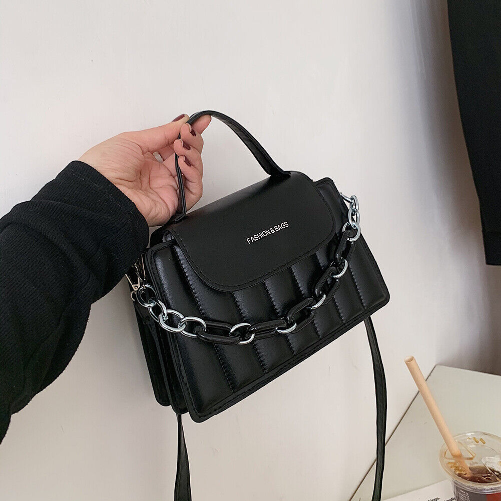 Casual Women Pure Color PU Chain Shoulder Bag Fashion Mini Handbags (Black)