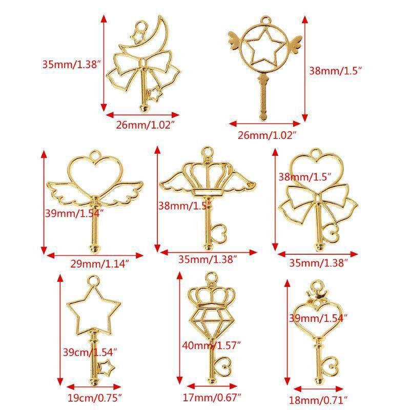 8 Pieces Exquisite Open Bezel Pendants Charms Wand Heart Key Shape Hollow Charm