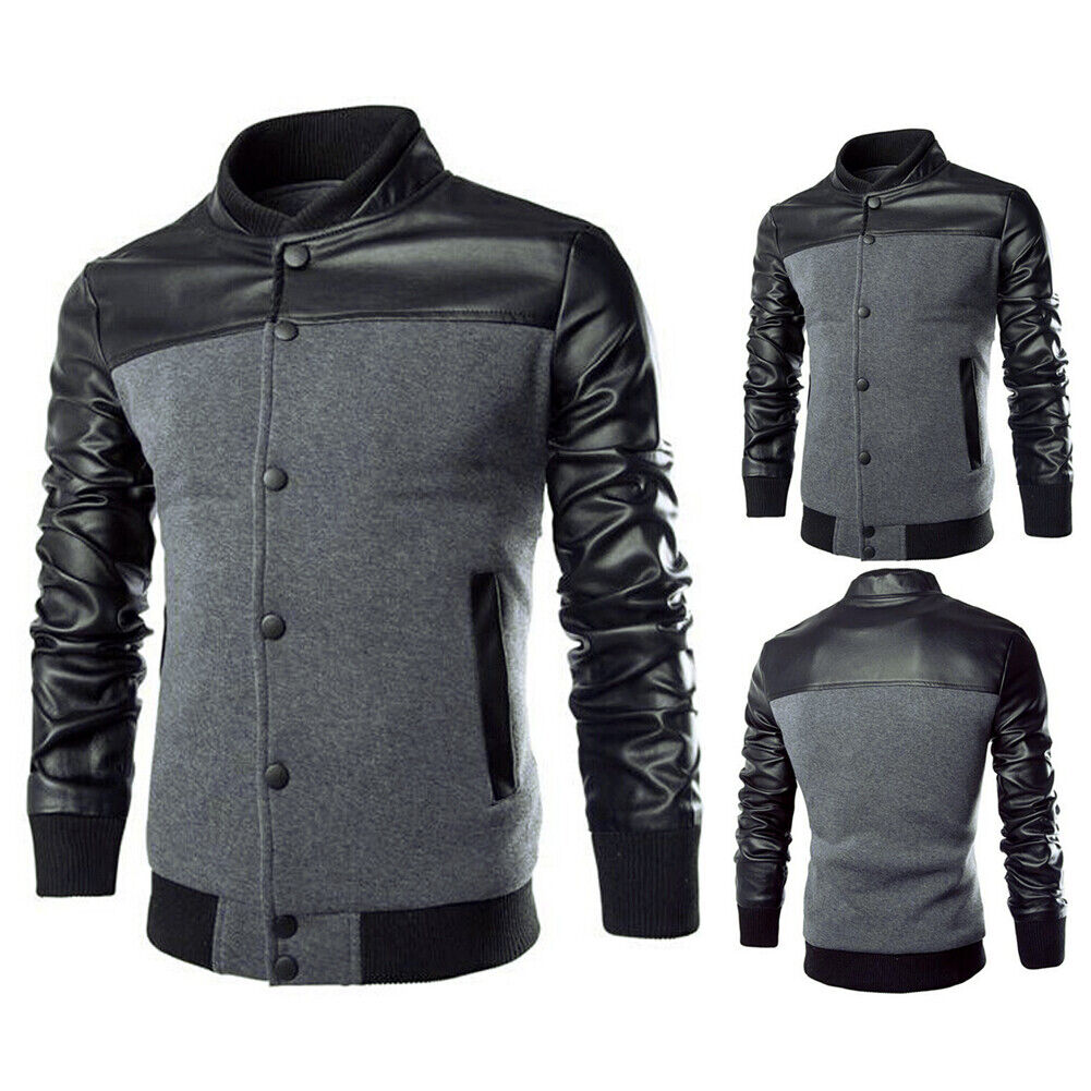 Men Winter Leather Splicing Long Sleeves Stand Collar Jacket (Grey 2XL)-985