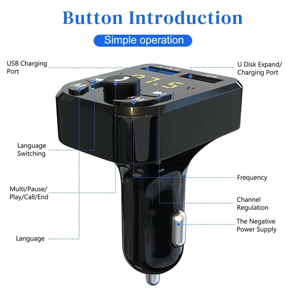12/24V AUX 2USB Hands-Free 5.0 Car Wireless FM Transmitter Adapter PD Charger