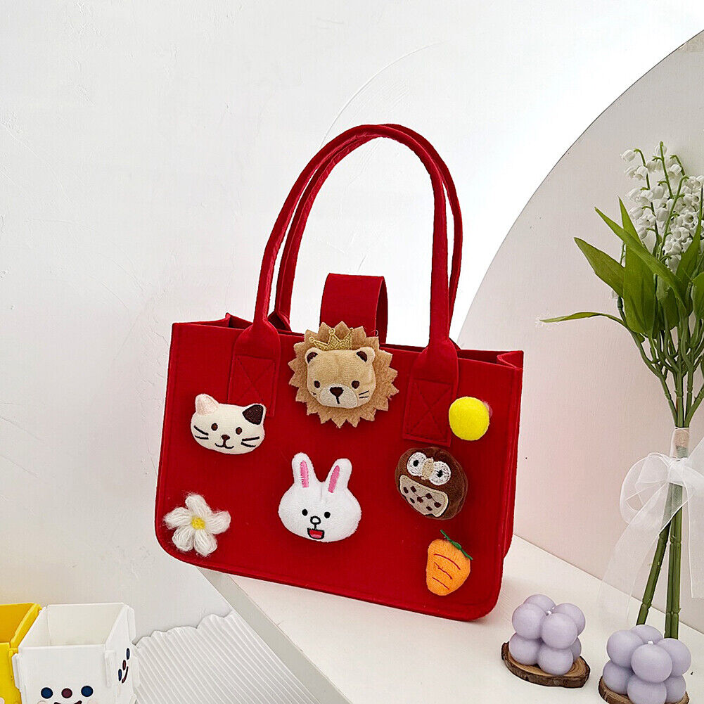 Felt Handbag Tote Kids Cute Cartoon Top-Handle Daily Shoulder Bag (Red)