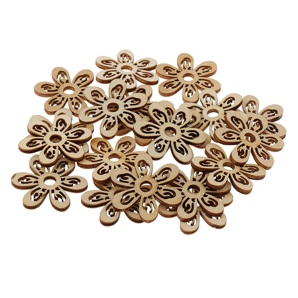 20 Pieces Unfinished Hollow Flower Shape Wooden Pieces Embellishments 35mm
