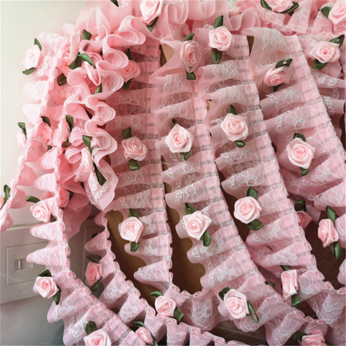 100CM Pink Rose Flower Ruffle Lace Trim Chiffon Pleated Ribbon DIY Sewing Craft