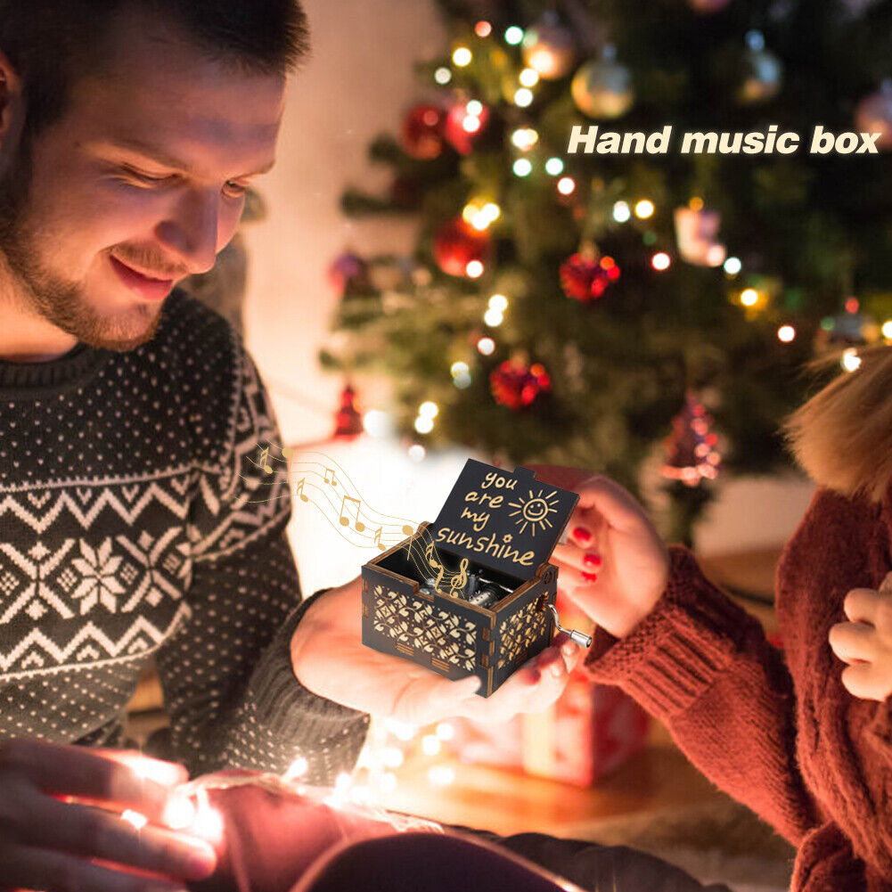 You Are My Sunshine Wooden Carved Hand Cranked Music Box Ornaments (Black)