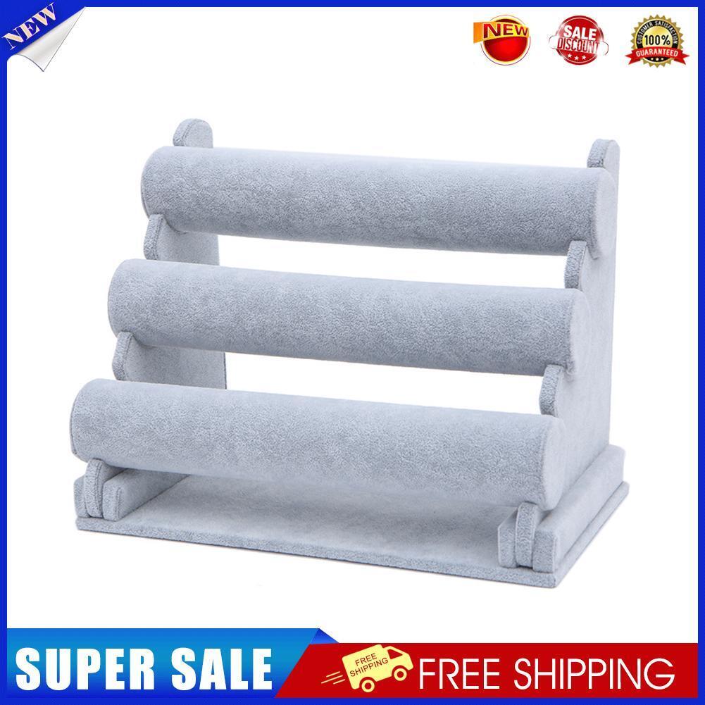 Velvet Bracelet Bangle T-Bar Rack Watch Jewelry Display Stand (Grey 3 Tier)