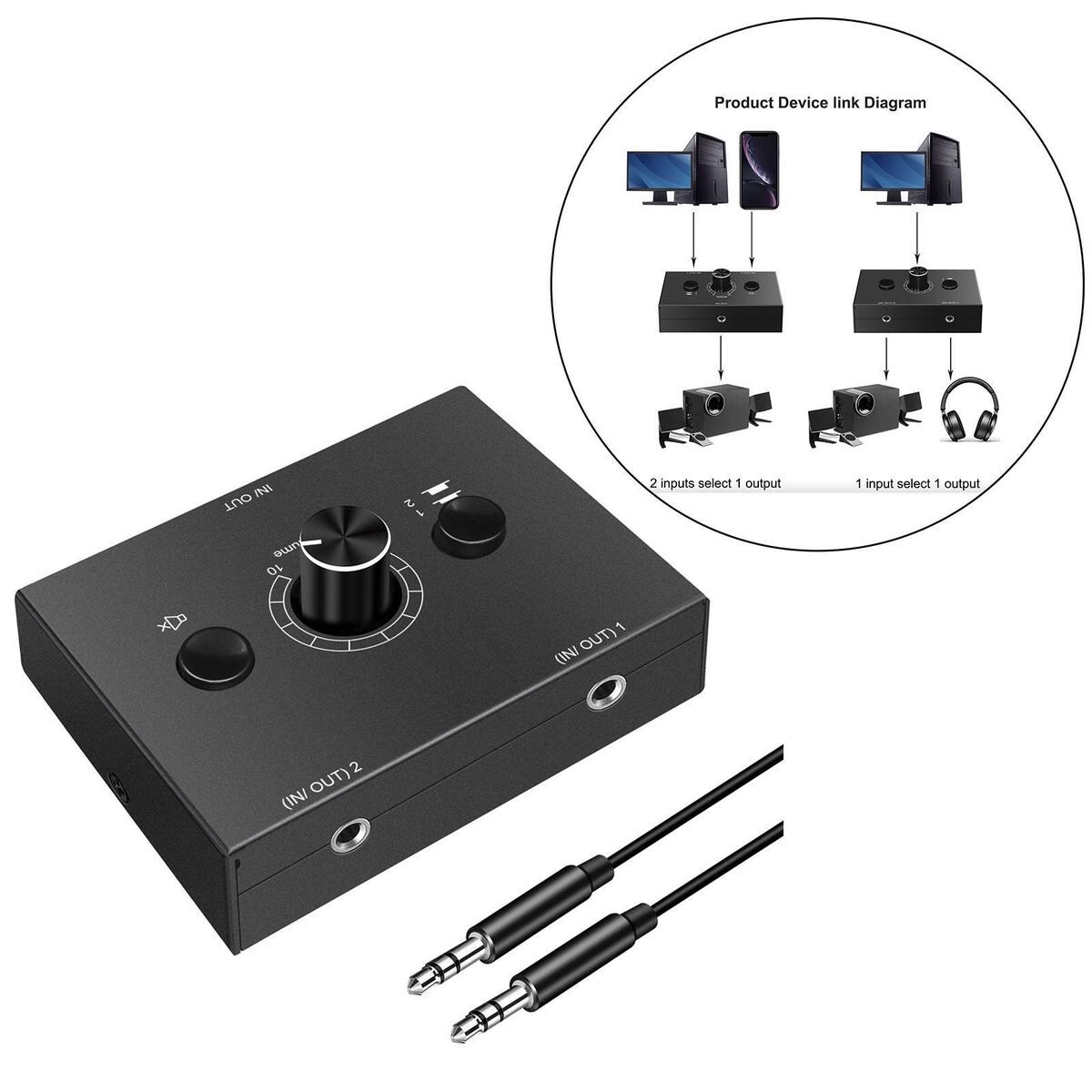 3.5mm Stereo Audio Switcher, 1 Input 2Output 2  Output Signal Source