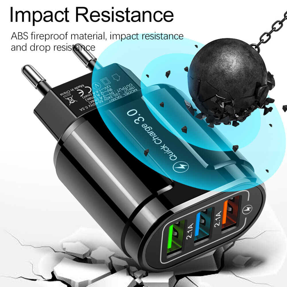 EU Plug 3 Port USB Charger QC3.0 Wall Phone Fast Charging Adapter (Black)