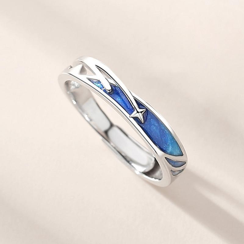 2Pcs Sea Blue Meteoric Star Lover Couple Rings Band Matching Set for Him and Her