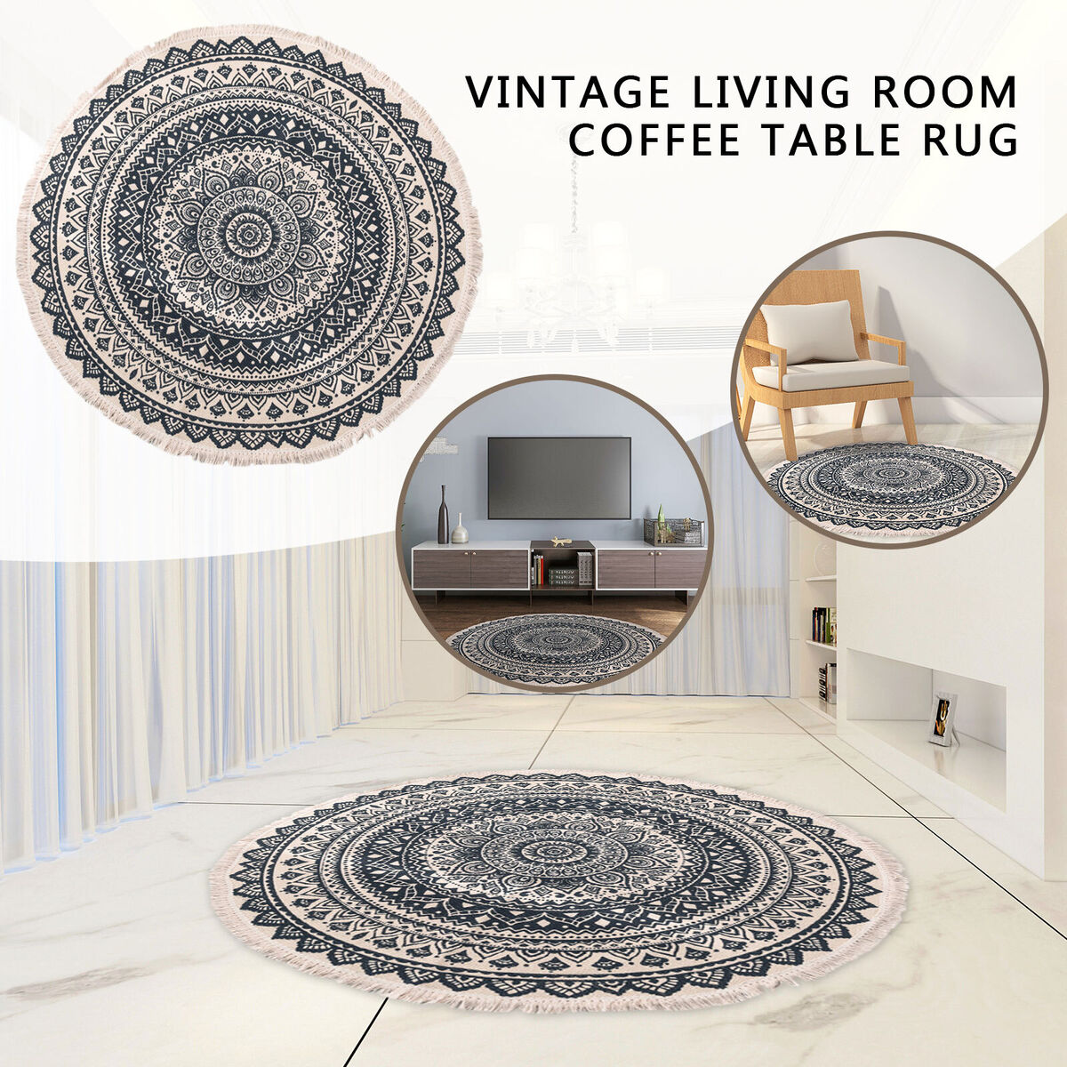 Hand Woven Rugs - Living Room Bedroom Carpet with Tassel (Blue Black 60cm)