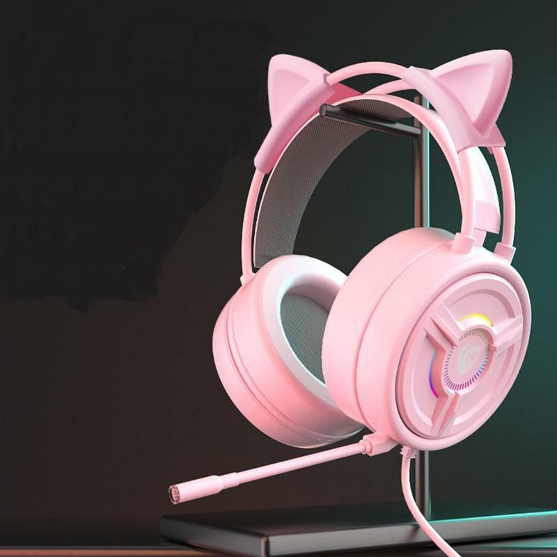 Pink Cat Ears Crystal Headset Wired Stereo Headphones Desktop 4D Audio 7.1 Sound