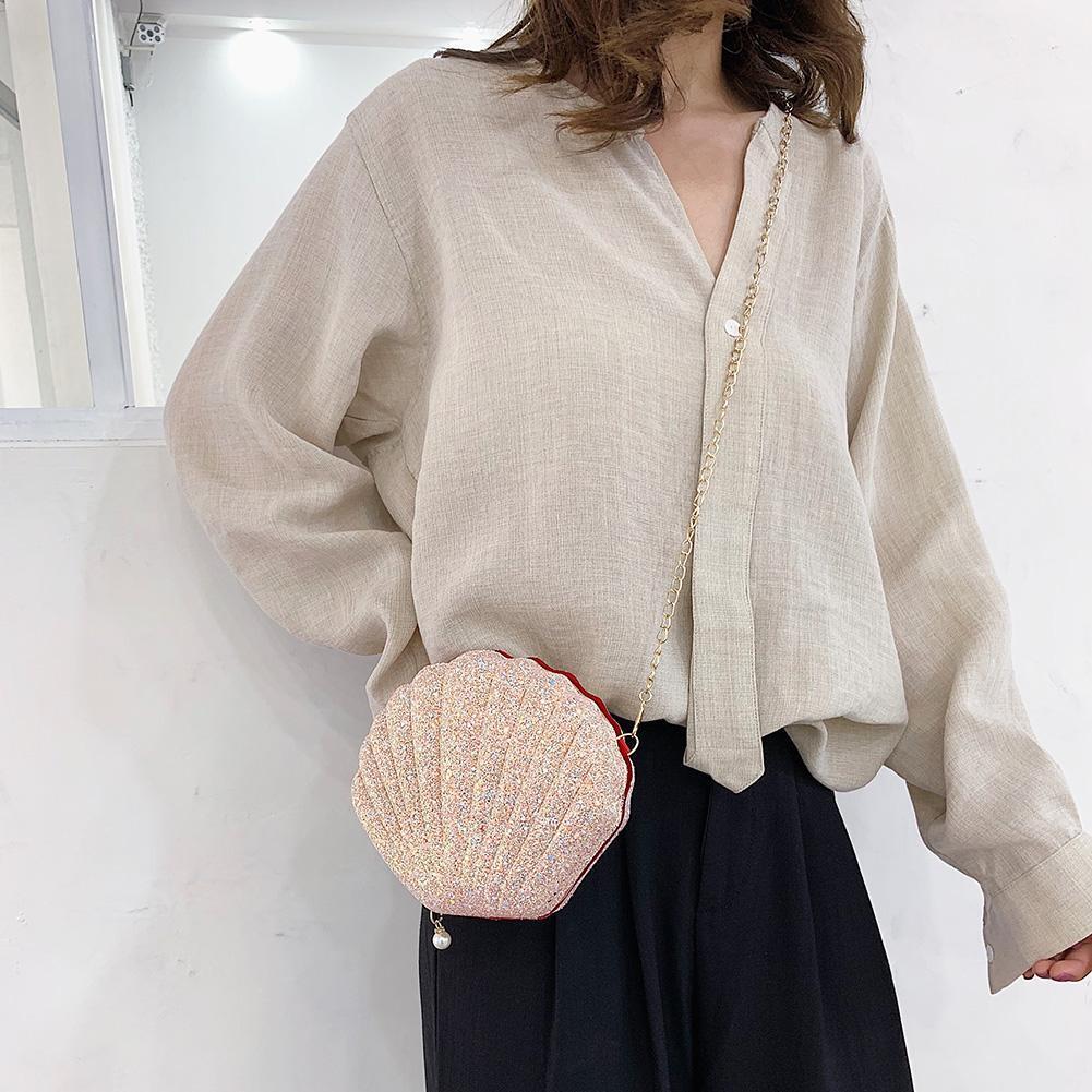 Cute Sequin Shoulder Handbags Women Small Chain Shell Crossbody Bags (Pink)