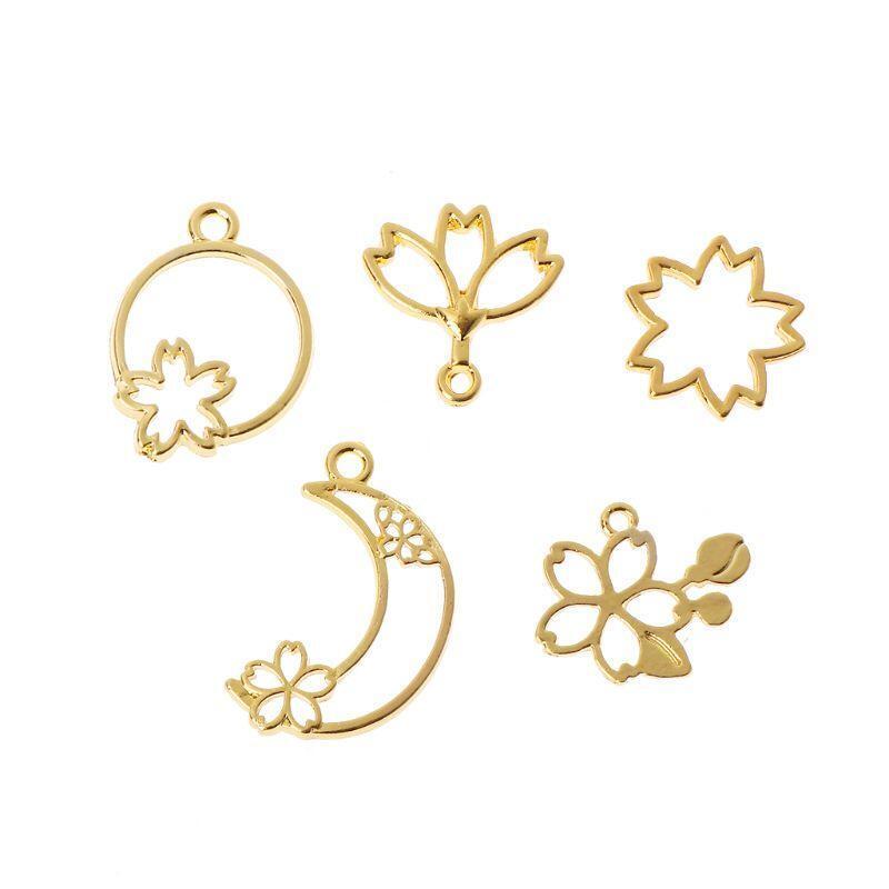 5Pcs Cherry Flower Open Bezel Charm Pressed Flower Blank Frame Hollow Pendants
