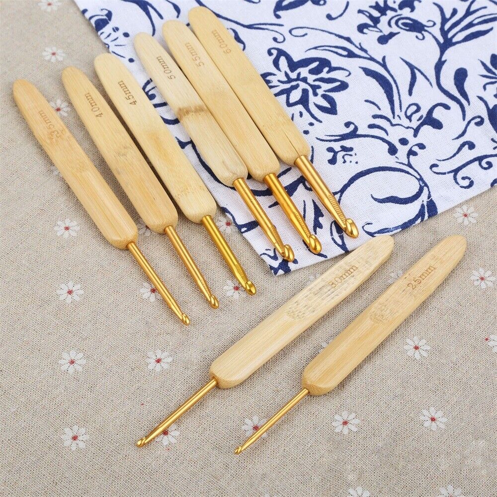 8pcs Bamboo Handle Crochet Hooks Practical Bag Knitting Yarn DIY Sewing Needles