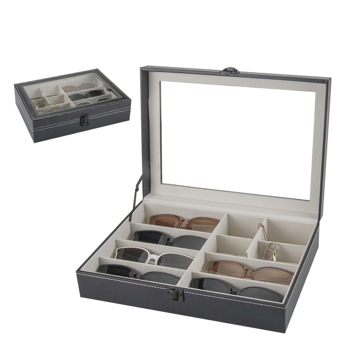 8 Slots Sunglasses Organizer Display PU Leather Holder Organizer Transparent Lid