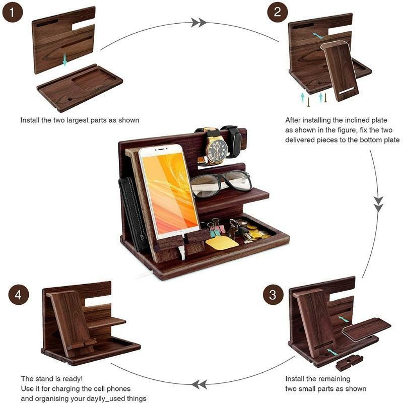 Wooden Phone Docking Station Wallet Stand Watches Purse Holder Desk Organizer