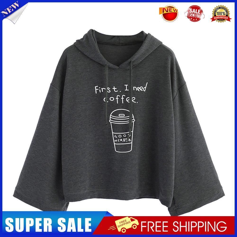 Women Long Sleeve Gray Letter Print Hooded Sweatshirt Pullovers (L)